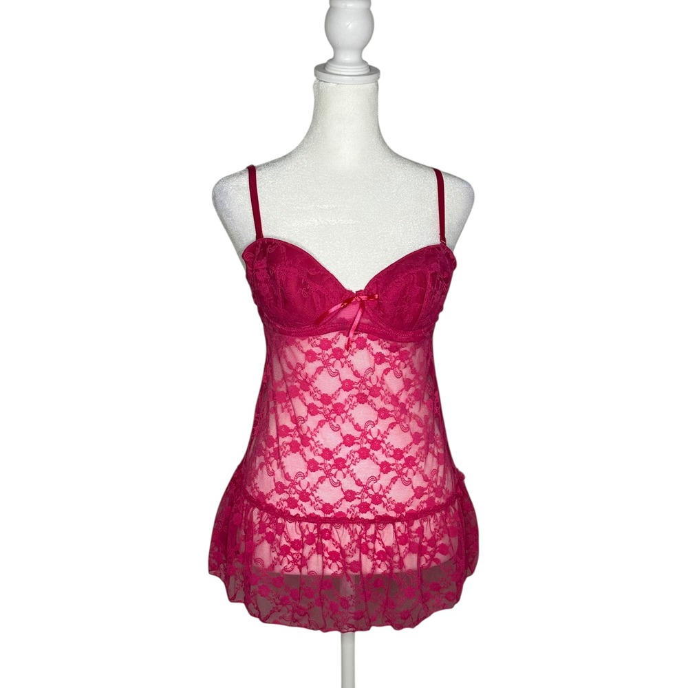 Rampage Intimates Pink Floral Lace Babydoll Chemise Lingerie Medium Fuchsia